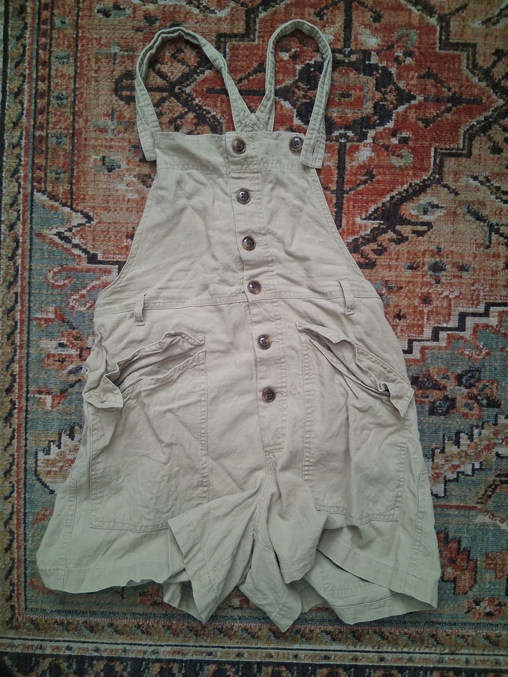 Urban Outfitters Olive/Tan Button-Front Overall Shorts